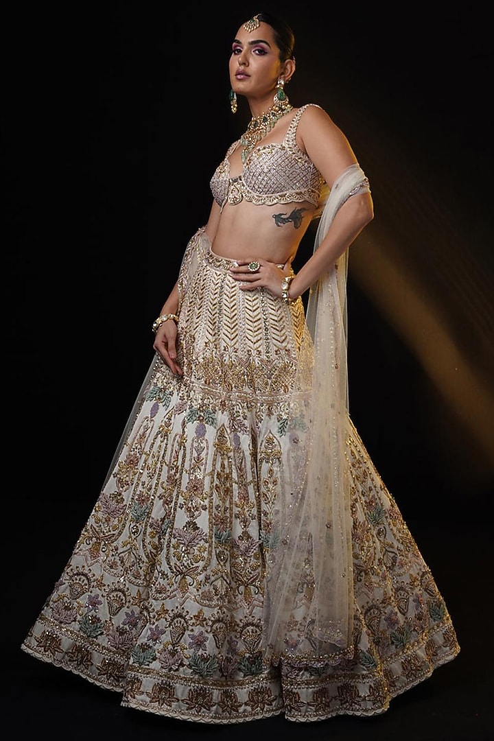 Ivory Linen Satin Zardsi & Dabka Hand Embroidered Bridal Lehenga Set by Ronak and Shruti at Pernia's Pop Up Shop