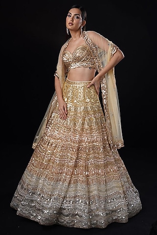 Gold & Rose Gold Ombre Crystal Hand Embroidered Lehenga Set by Ronak and Shruti