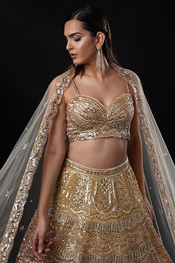 Gold & Rose Gold Ombre Crystal Hand Embroidered Bridal Lehenga Set by Ronak and Shruti at Pernia's Pop Up Shop