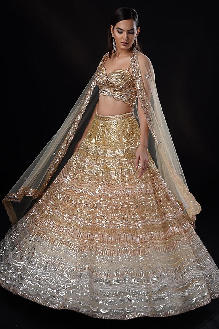 Gold & Rose Gold Ombre Crystal Hand Embroidered Bridal Lehenga Set by Ronak and Shruti at Pernia's Pop Up Shop