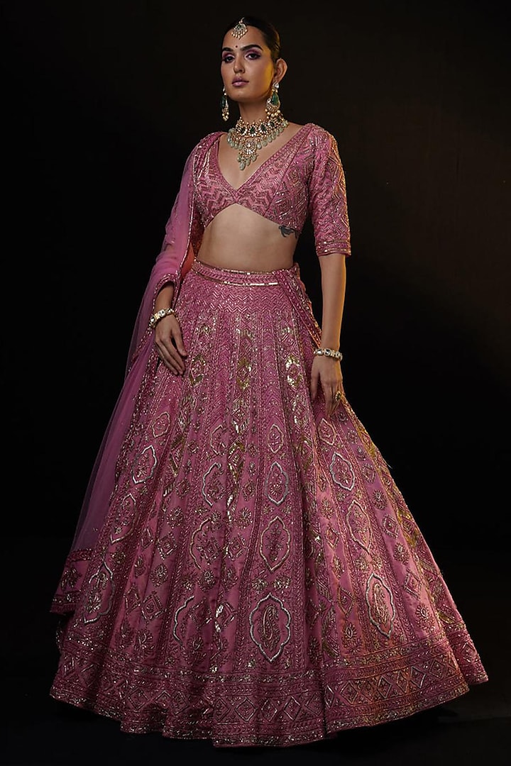 Pink Tissue Zardosi & Sequins Embroidered Bridal Lehenga Set by Ronak and Shruti at Pernia's Pop Up Shop