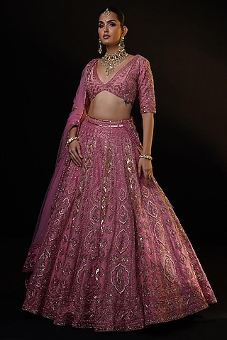 Pink Tissue Zardosi & Sequins Embroidered Lehenga Set by Ronak and Shruti