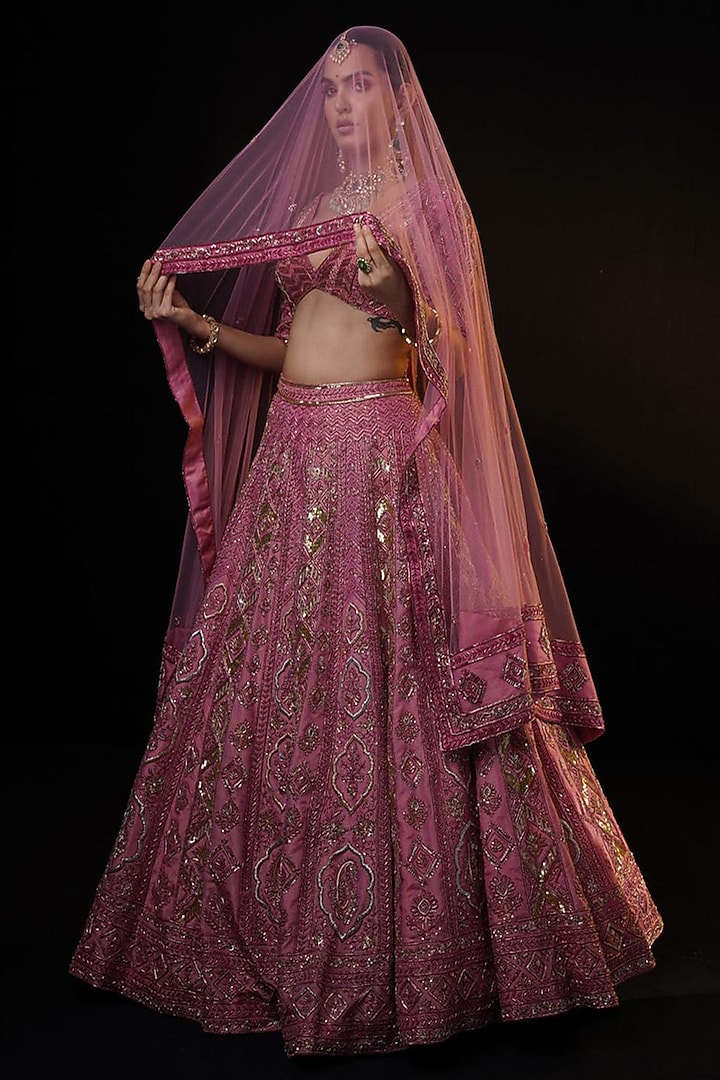 Pink Tissue Zardosi & Sequins Embroidered Bridal Lehenga Set by Ronak and Shruti at Pernia's Pop Up Shop