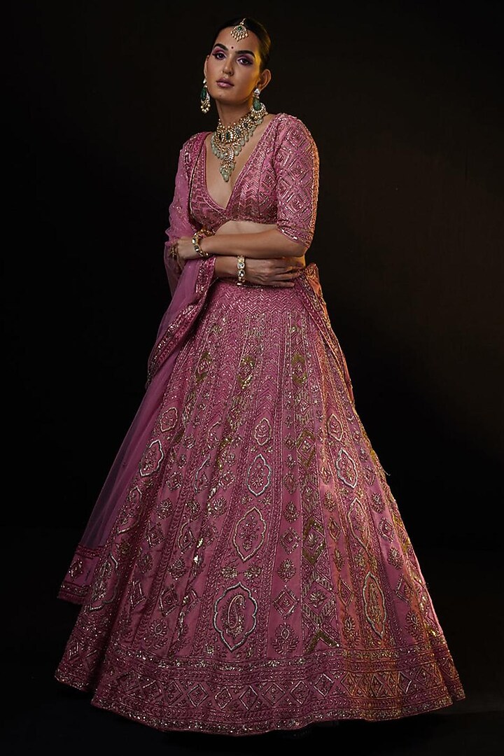 Pink Tissue Zardosi & Sequins Embroidered Bridal Lehenga Set by Ronak and Shruti at Pernia's Pop Up Shop