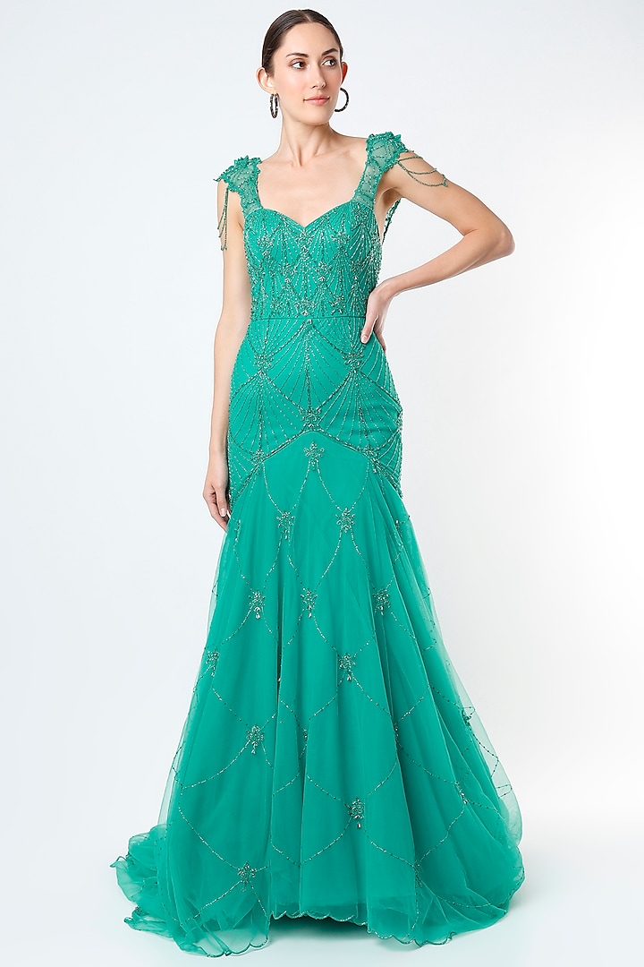 Dark Cyan Blue Hand Embroidered Gown by World of Asra