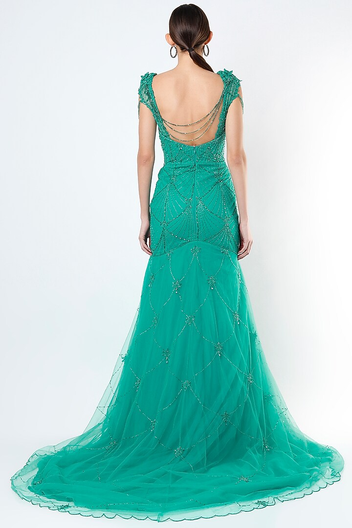 Dark Cyan Blue Hand Embroidered Wedding Gown by World of Asra at Pernia's Pop Up Shop