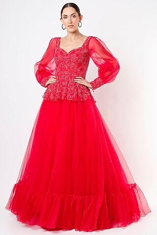 Red Hand Embroidered Gown by World of Asra