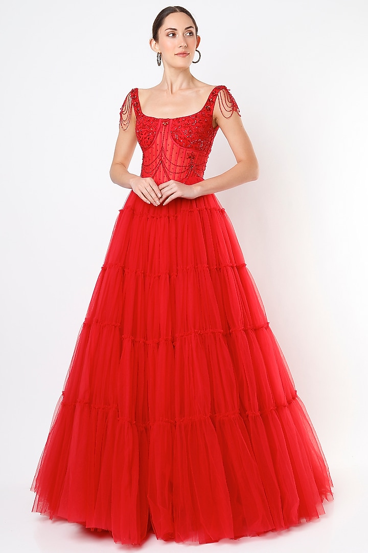 Red Net Hand Embroidered Wedding Gown by World of Asra at Pernia's Pop Up Shop