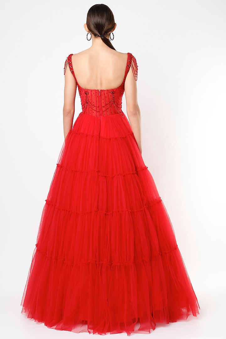 Red Net Hand Embroidered Wedding Gown by World of Asra at Pernia's Pop Up Shop