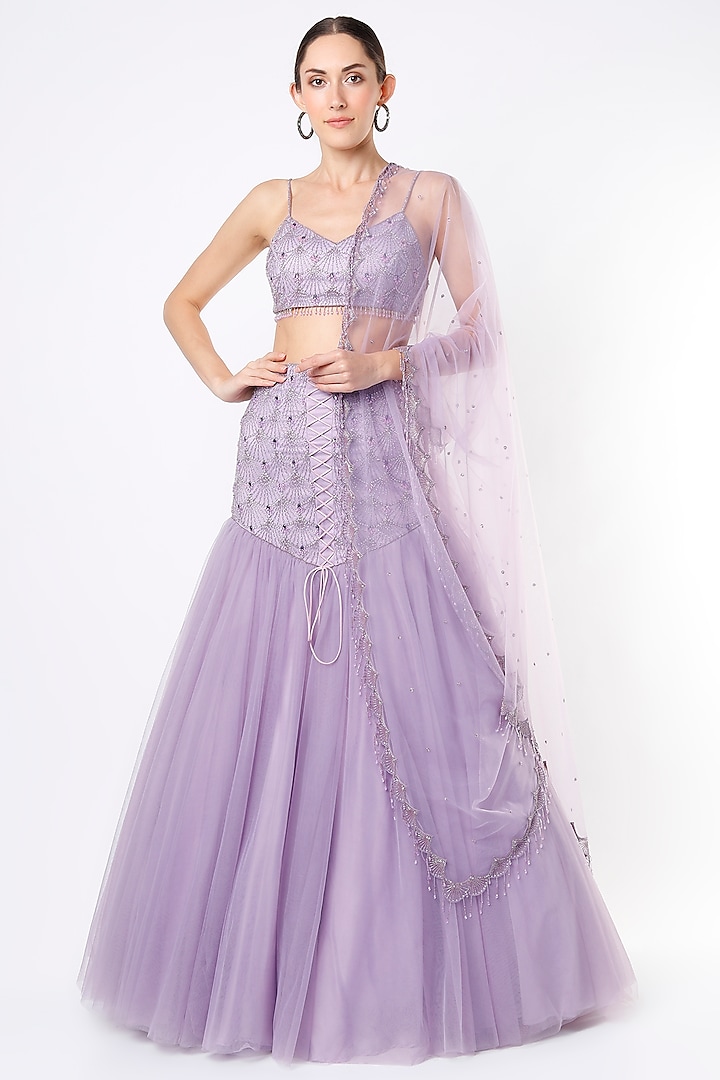 Lilac Net Hand Embroidered Lehenga Set by World of Asra