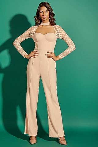 Pale Peach Scuba Georgette & Lace Jumpsuit by World of Asra