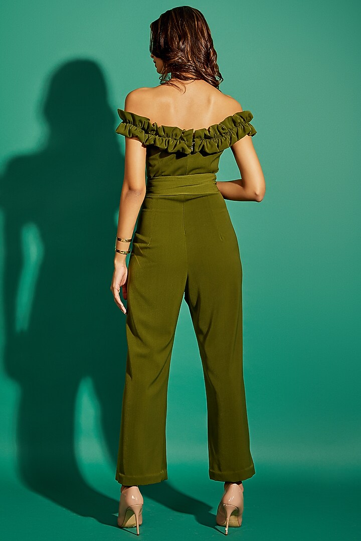 Pesto Green Scuba Georgette Jumpsuit by World of Asra at Pernia's Pop Up Shop