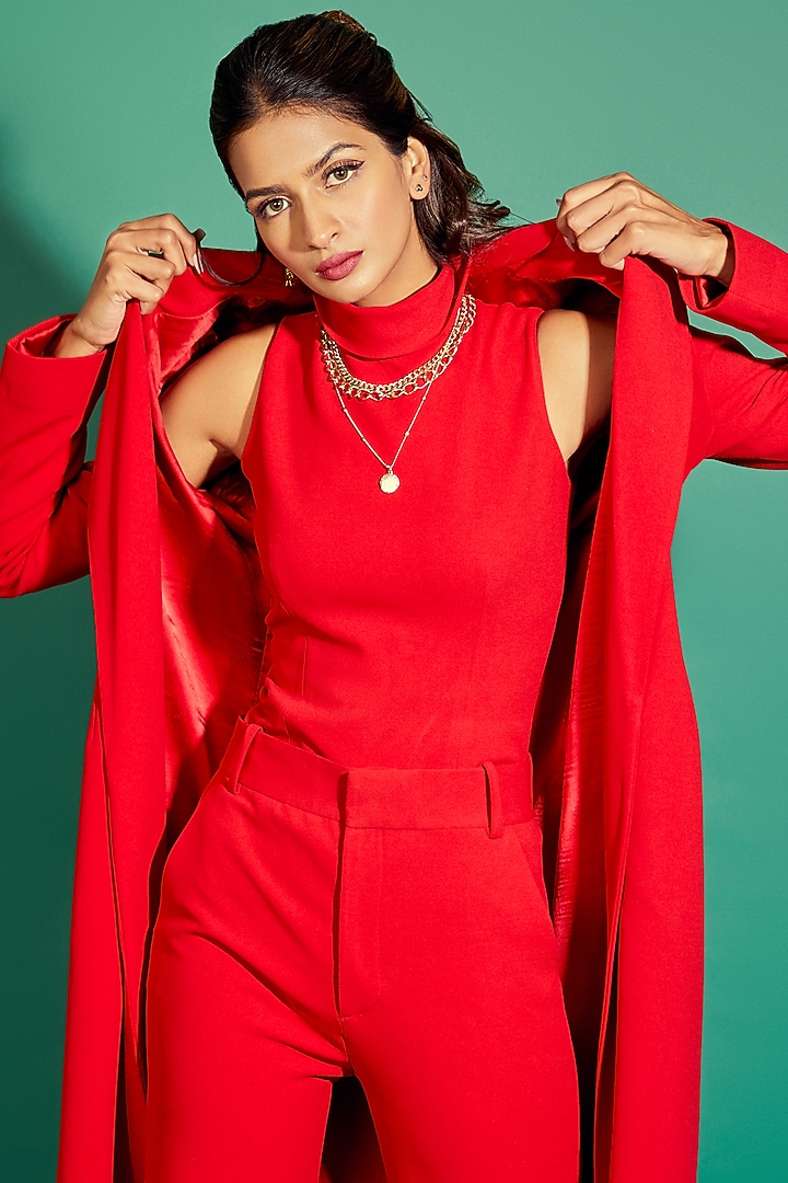 Bright Red Scuba Georgette Straight Pant Set by World of Asra at Pernia's Pop Up Shop