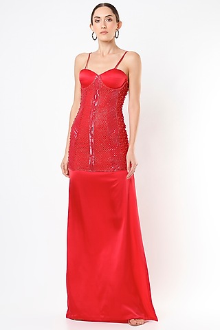 Red Satin Strap Dress With Embroidered Jacket by World of Asra
