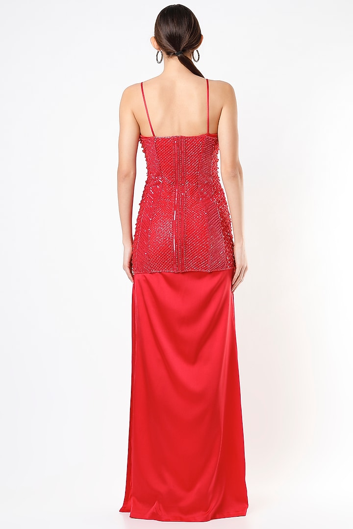Red Satin Strap Party Wear Dress With Embroidered Jacket by World of Asra at Pernia's Pop Up Shop