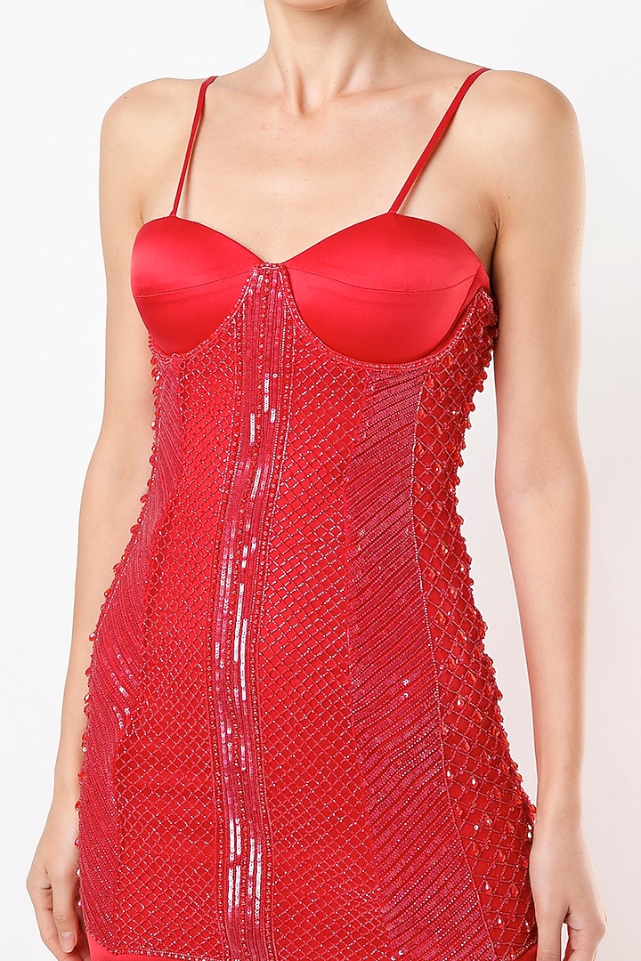 Red Satin Strap Party Wear Dress With Embroidered Jacket by World of Asra at Pernia's Pop Up Shop