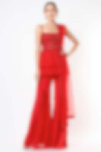 Red Hand Embroidered Co-Ord Set by World of Asra at Pernia's Pop Up Shop