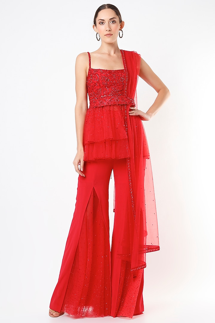 Red Hand Embroidered Co-Ord Set by World of Asra at Pernia's Pop Up Shop
