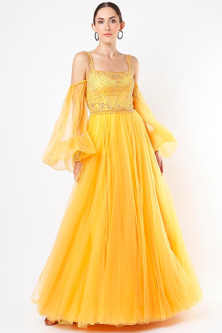 Radiant Yellow Hand Embroidered Gown by World of Asra