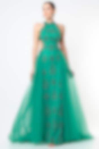 Jungle Green Net Layered Gown by World of Asra