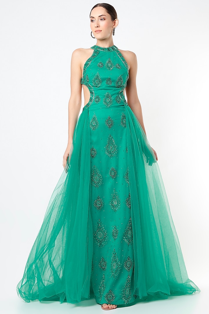 Jungle Green Net Layered Gown by World of Asra