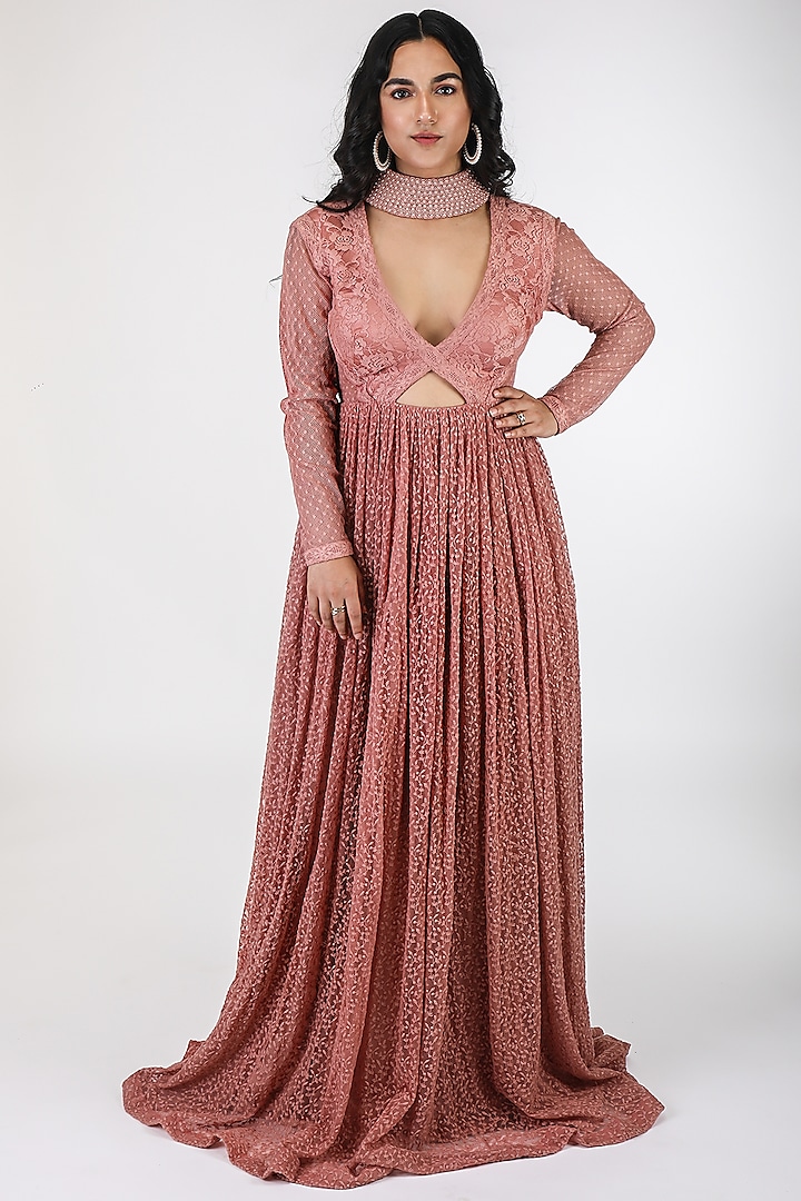 Coral Pink Pearl Maxi Dress by World of Asra