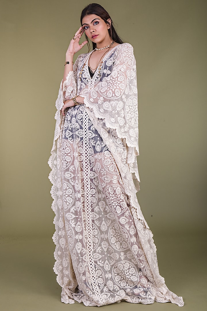 Off White Embroidered Kaftan by World of Asra