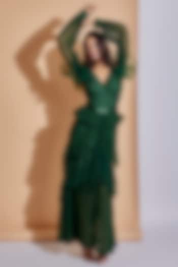 Green Layered Maxi Dress With Belt by World of Asra