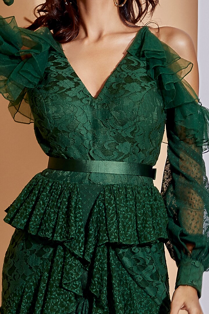 Green Layered Maxi Vacation Dress With Belt by World of Asra at Pernia's Pop Up Shop