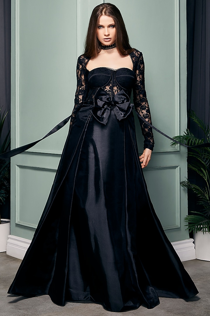 Black Lace & Satin Gown by World of Asra at Pernia's Pop Up Shop