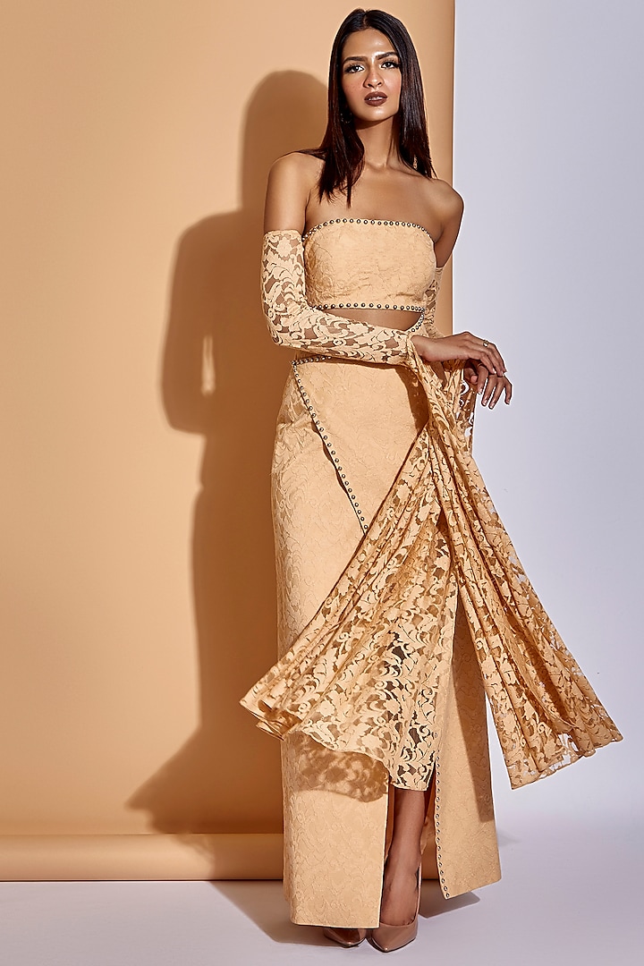 Beige Hand Embroidered Off Shoulder Gown by World of Asra