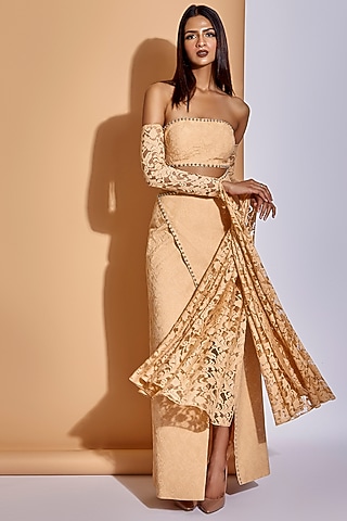 Beige Hand Embroidered Off Shoulder Gown by World of Asra