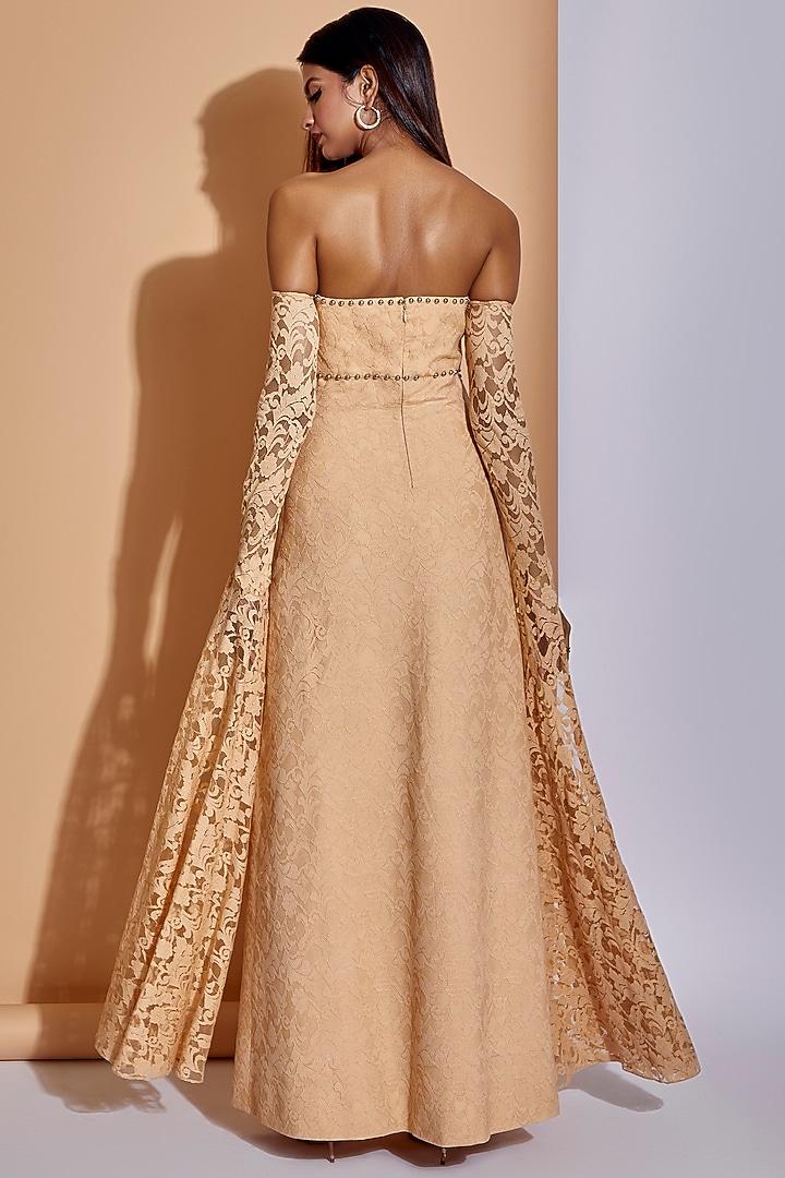 Beige Hand Embroidered Off Shoulder Gown by World of Asra at Pernia's Pop Up Shop