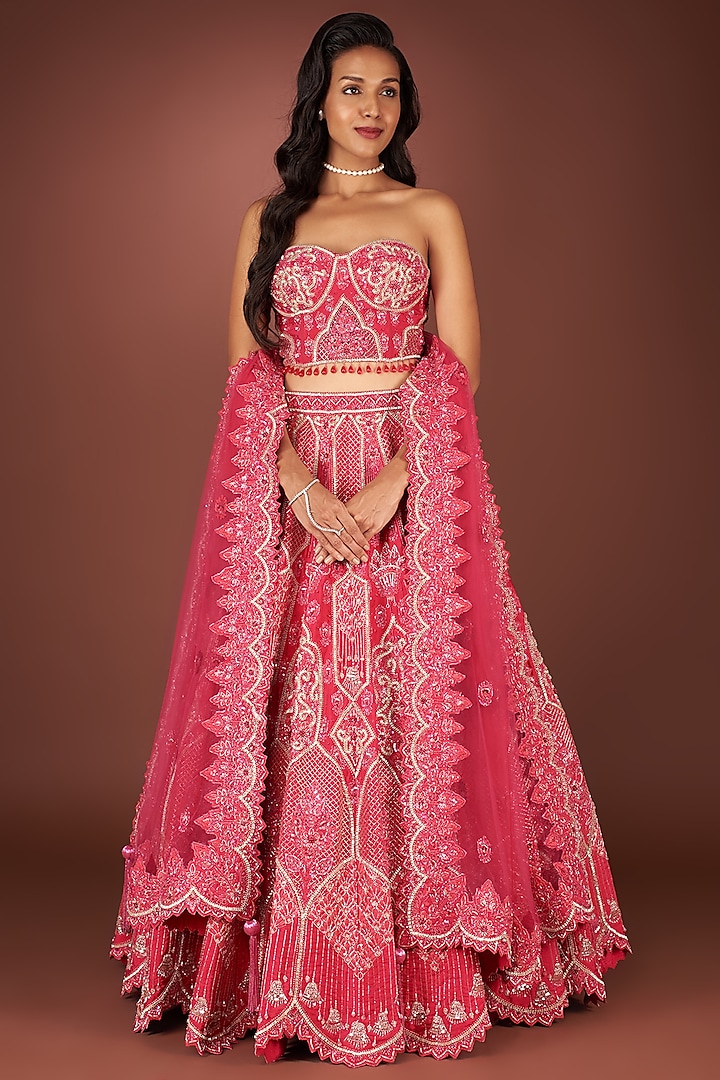 Pink Embroidered Lehenga Set by World of Asra