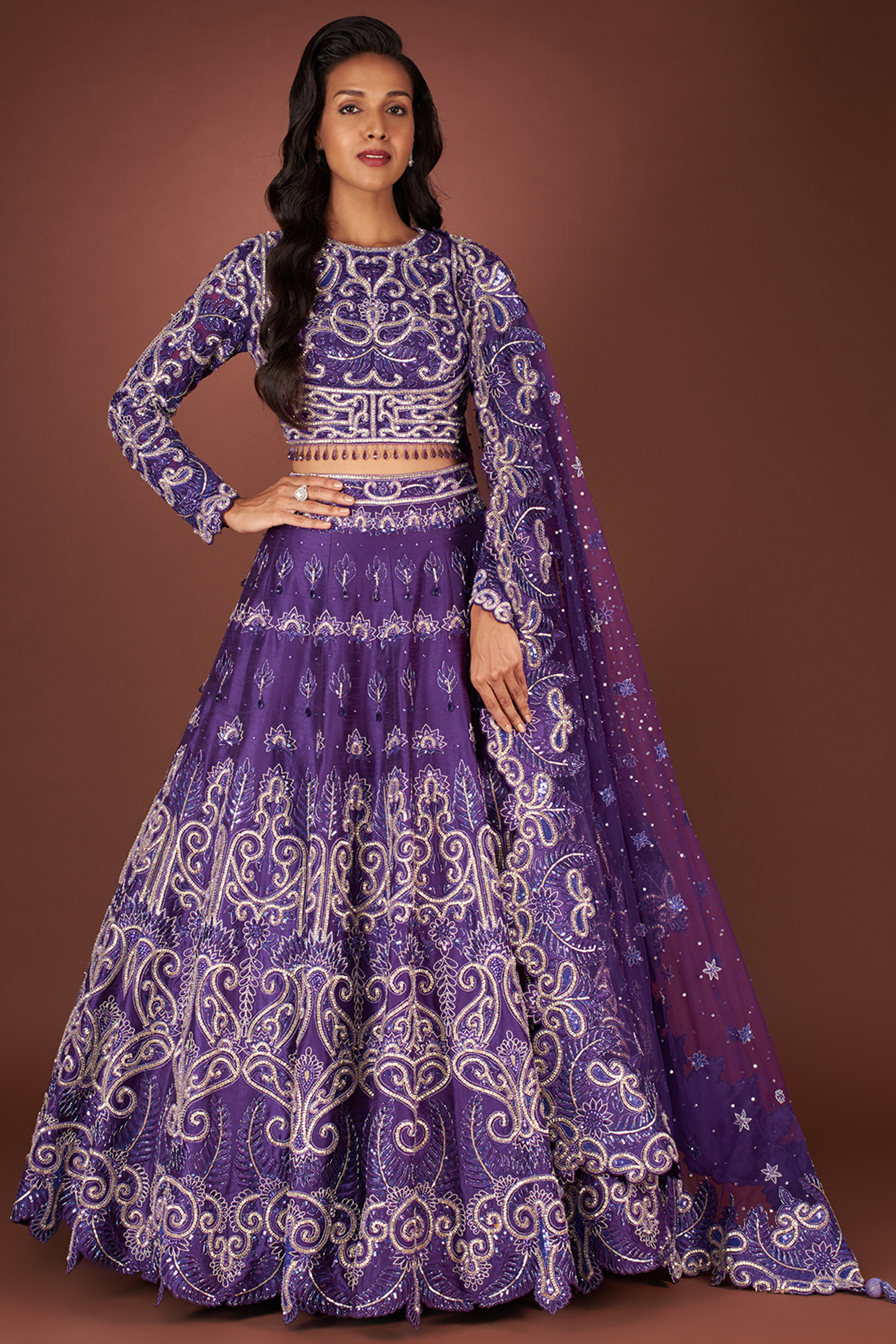 Purple Embroidered Lehenga Set by World of Asra