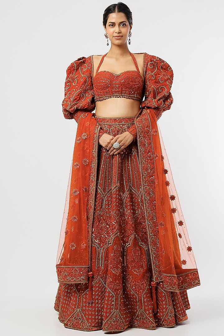 Rust Embroidered Jacket Bridal Lehenga Set by World of Asra at Pernia's Pop Up Shop