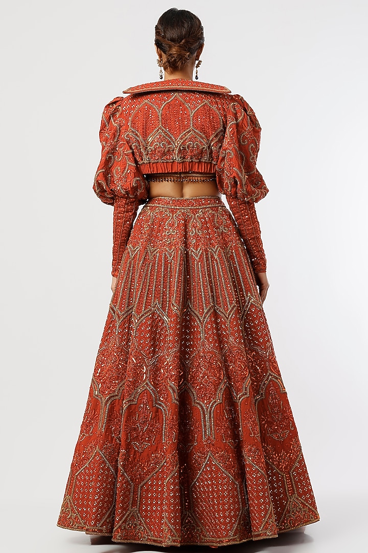 Rust Embroidered Jacket Bridal Lehenga Set by World of Asra at Pernia's Pop Up Shop