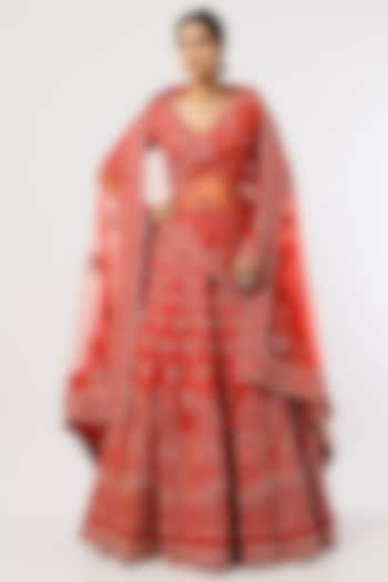 Bright Red Embroidered Lehenga Set by World of Asra