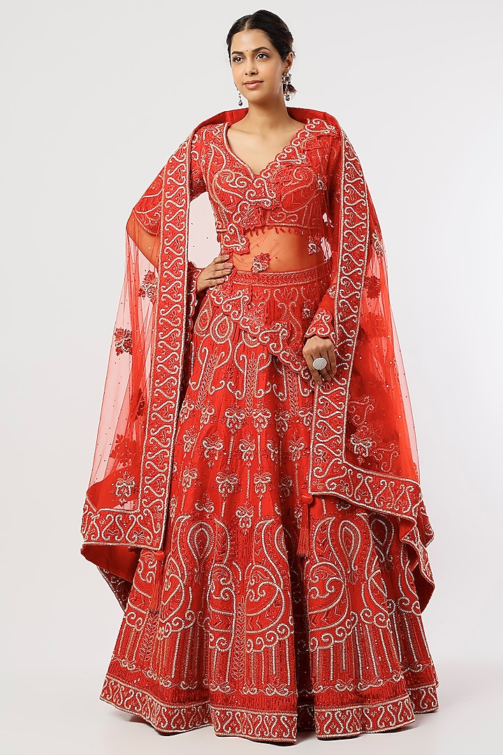 Bright Red Embroidered Lehenga Set by World of Asra