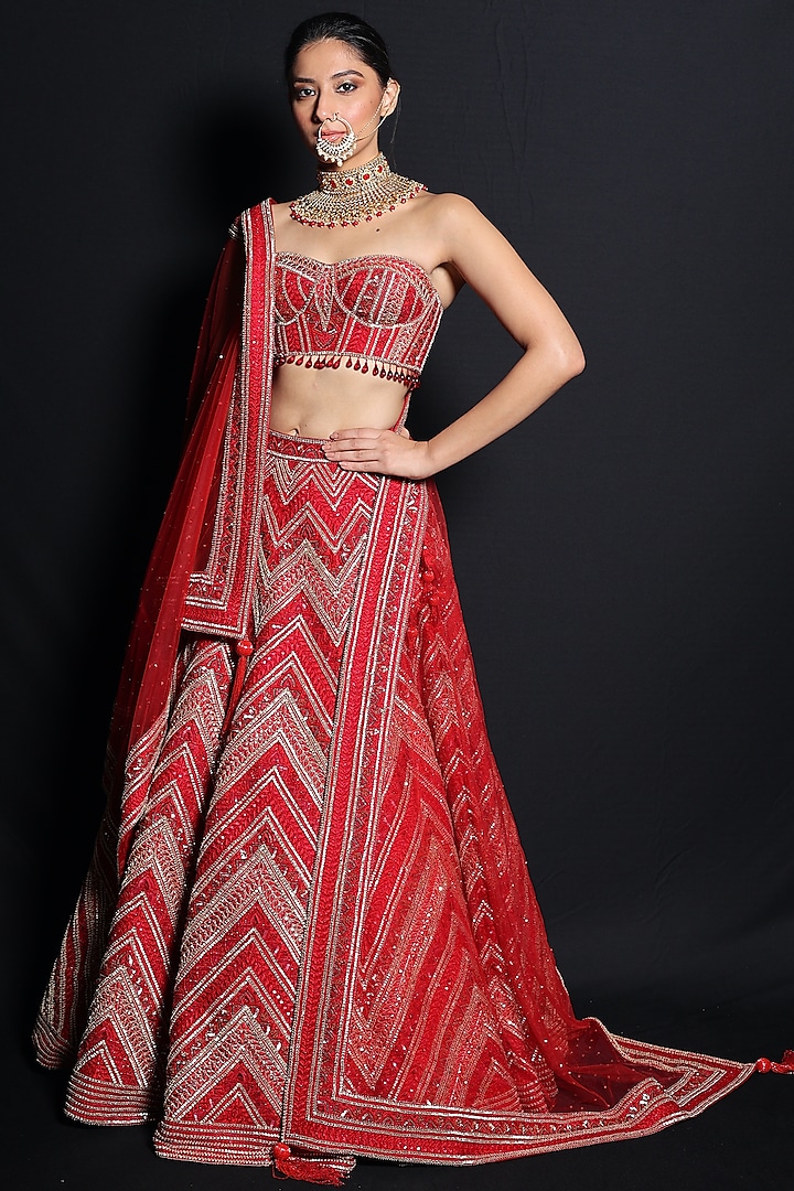 Red Embroidered Lehenga Set by World of Asra