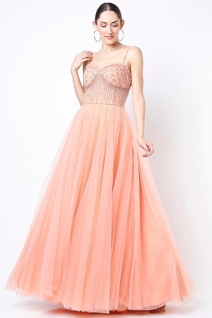 Peach Parfait Hand Embroidered Gown by World of Asra
