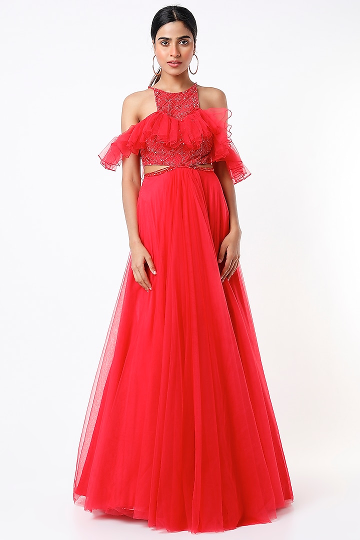 Red Embroidered Gown by World of Asra
