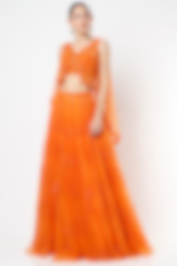 Oriole Orange Embellished Lehenga Set by World of Asra
