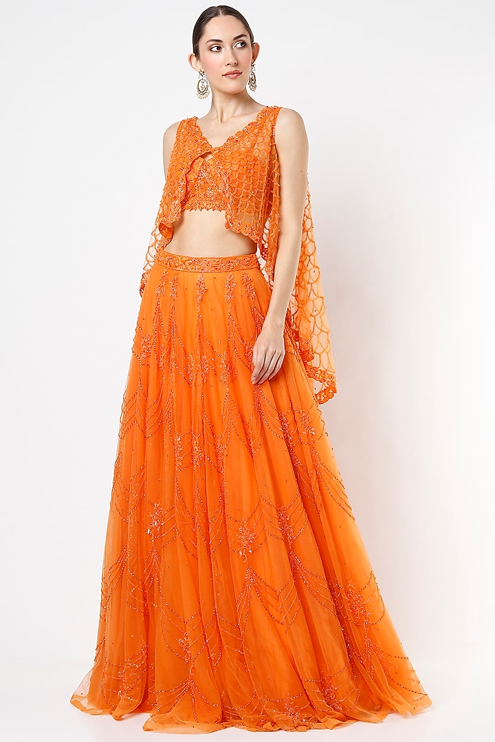 Oriole Orange Embellished Lehenga Set by World of Asra