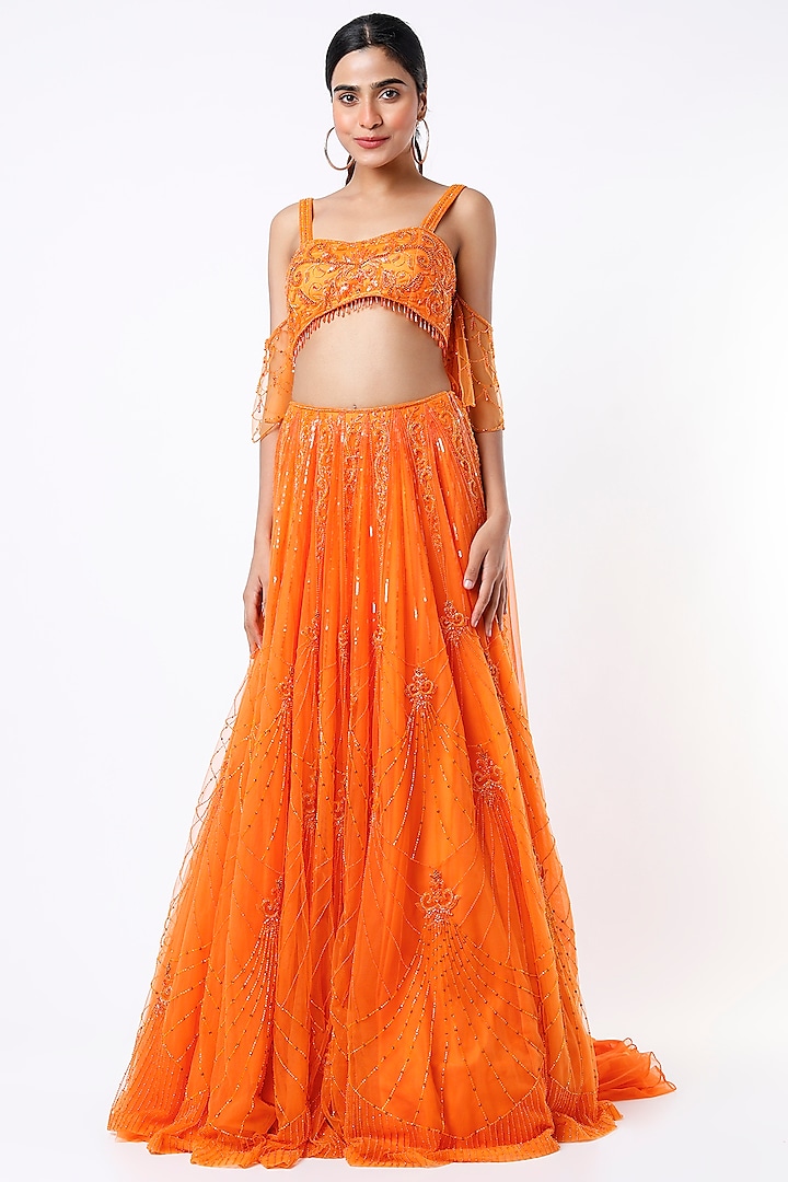 Orange Hand Embellished Lehenga Set by World of Asra