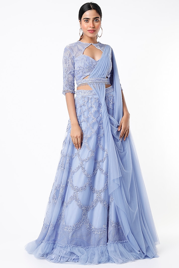 Airy Blue Hand Embroidered Bridal Lehenga Set by World of Asra at Pernia's Pop Up Shop