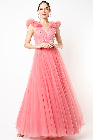 Flamingo Pink Embroidered Gown by World of Asra