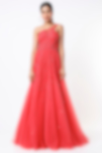 Watermelon Red Embroidered Gown by World of Asra