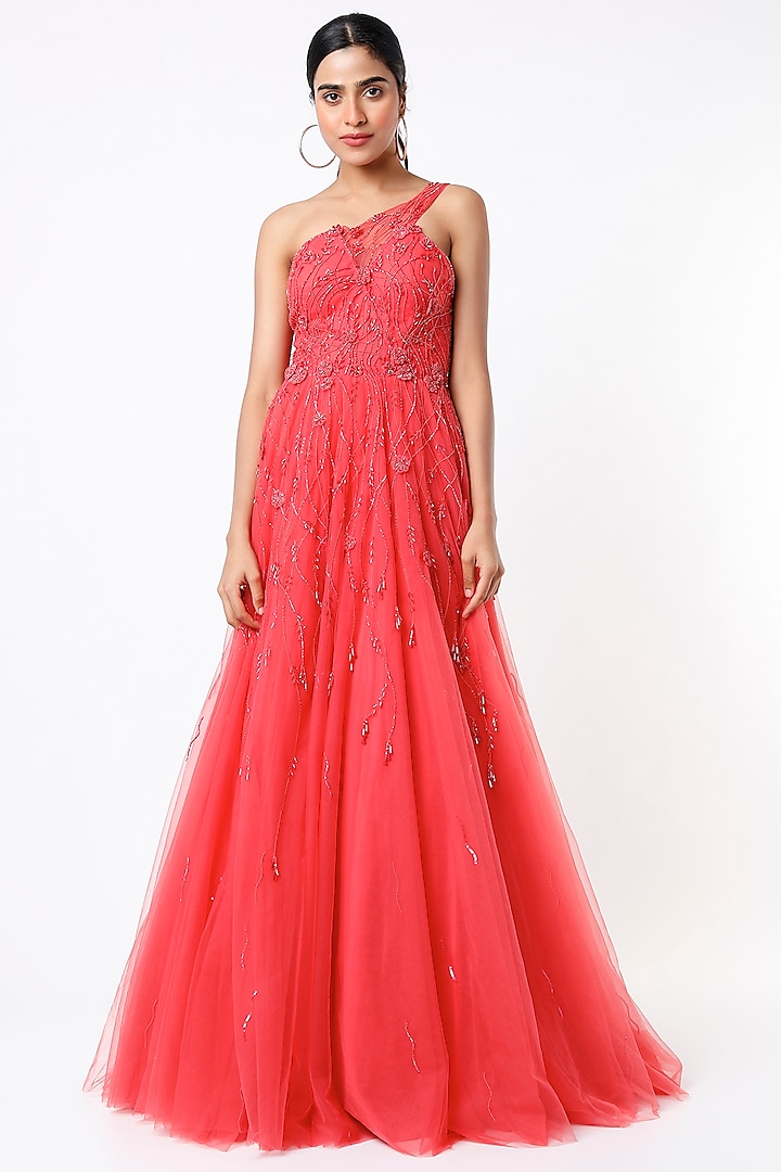 Watermelon Red Embroidered Gown by World of Asra