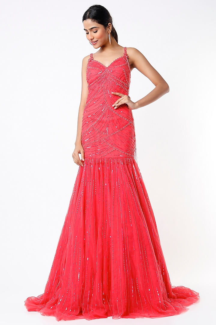 Watermelon Red Net Embroidered Gown by World of Asra